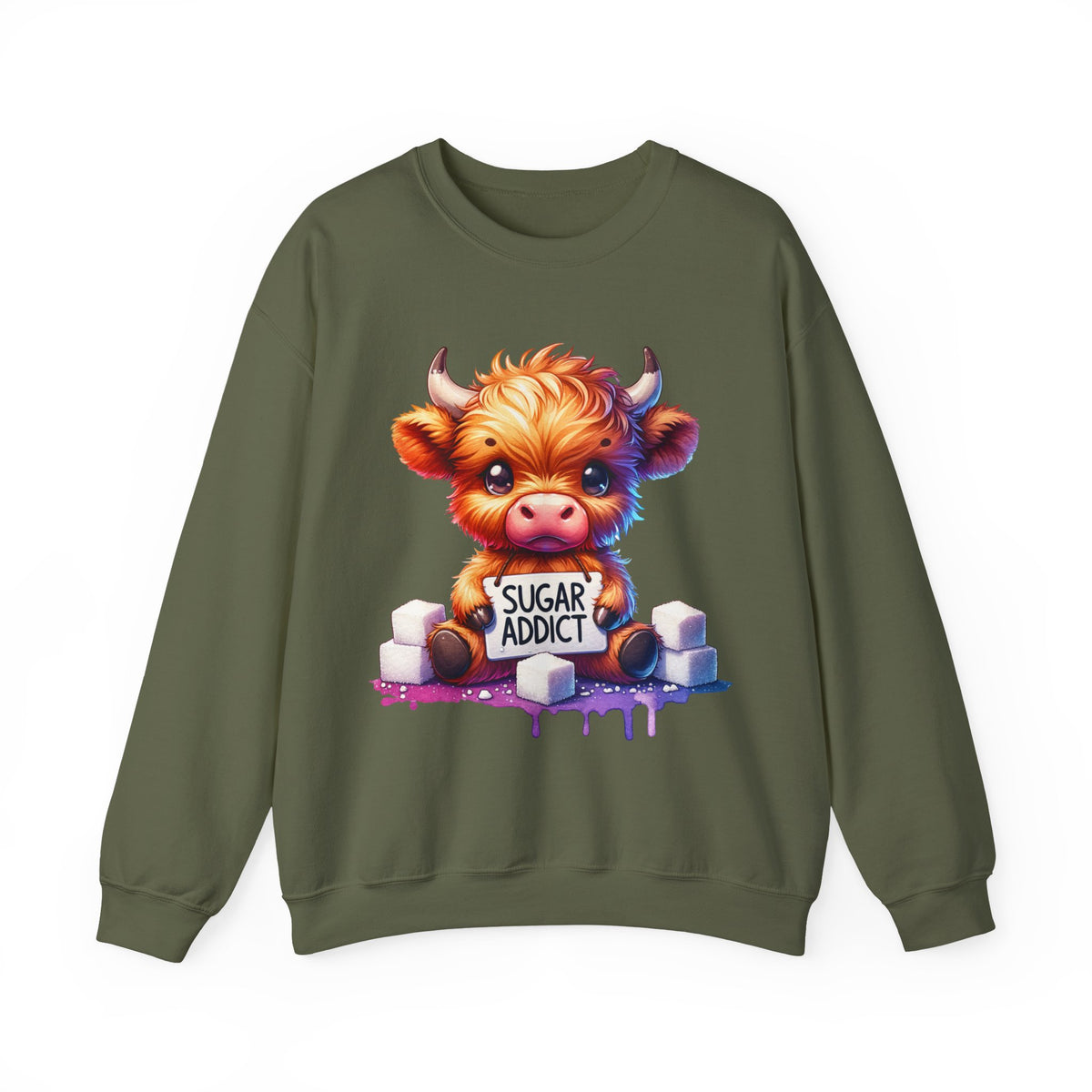 Sugar Addict Highland Cow – Gildan Heavy Blend | Trendy Women’s Soft Sweatshirt. Direct to Garment. Printed & Shipped in the USA. Unisex Sizes.