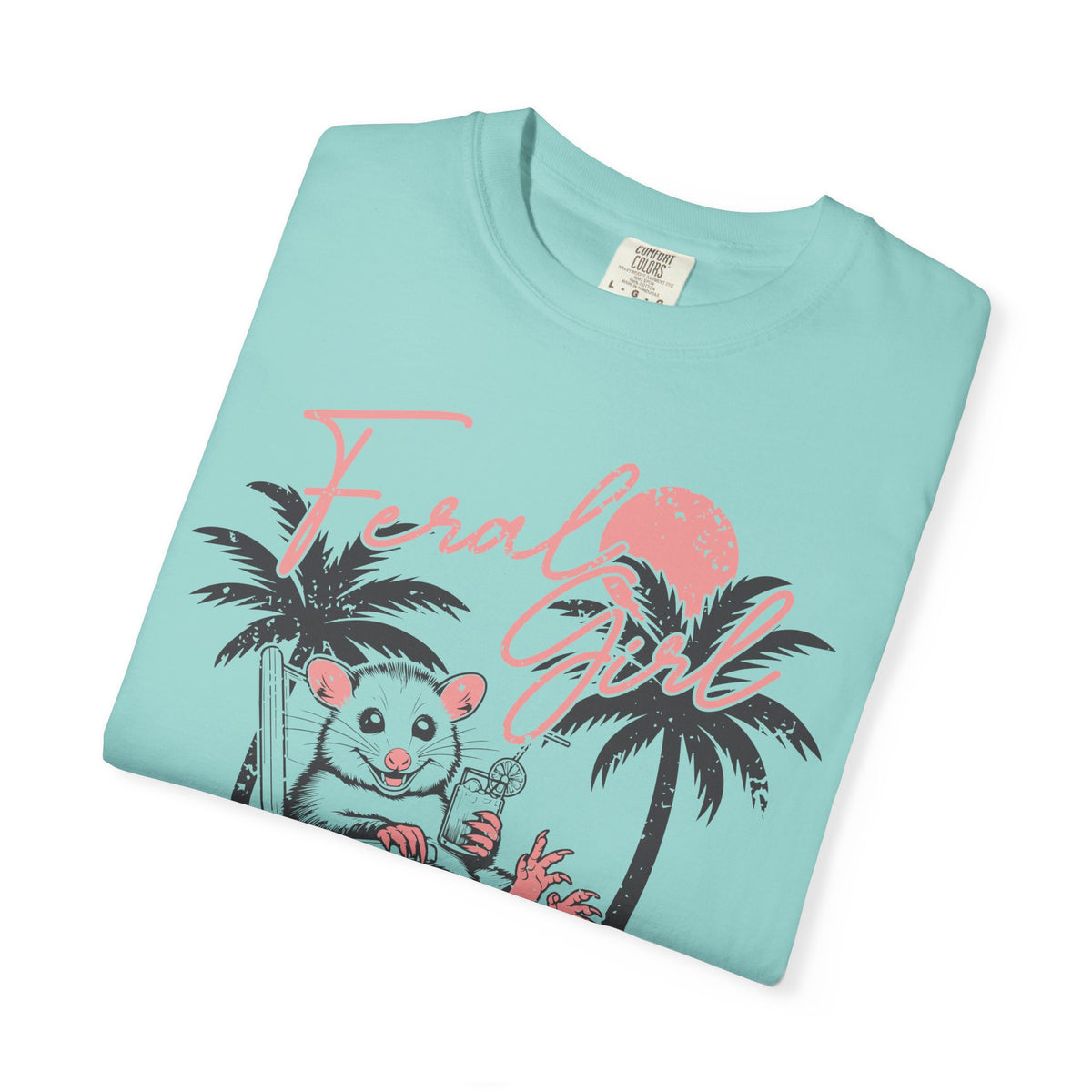 Feral Girl Summer, Possum on a Beach - Comfort Colors | Trendy Women's T-Shirt. Direct to Garment. Printed & Shipped in the USA. Unisex Sizes.