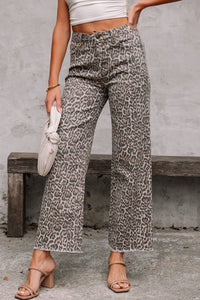 High-Rise Brown Leopard Frayed Edge Wide Leg Jeans