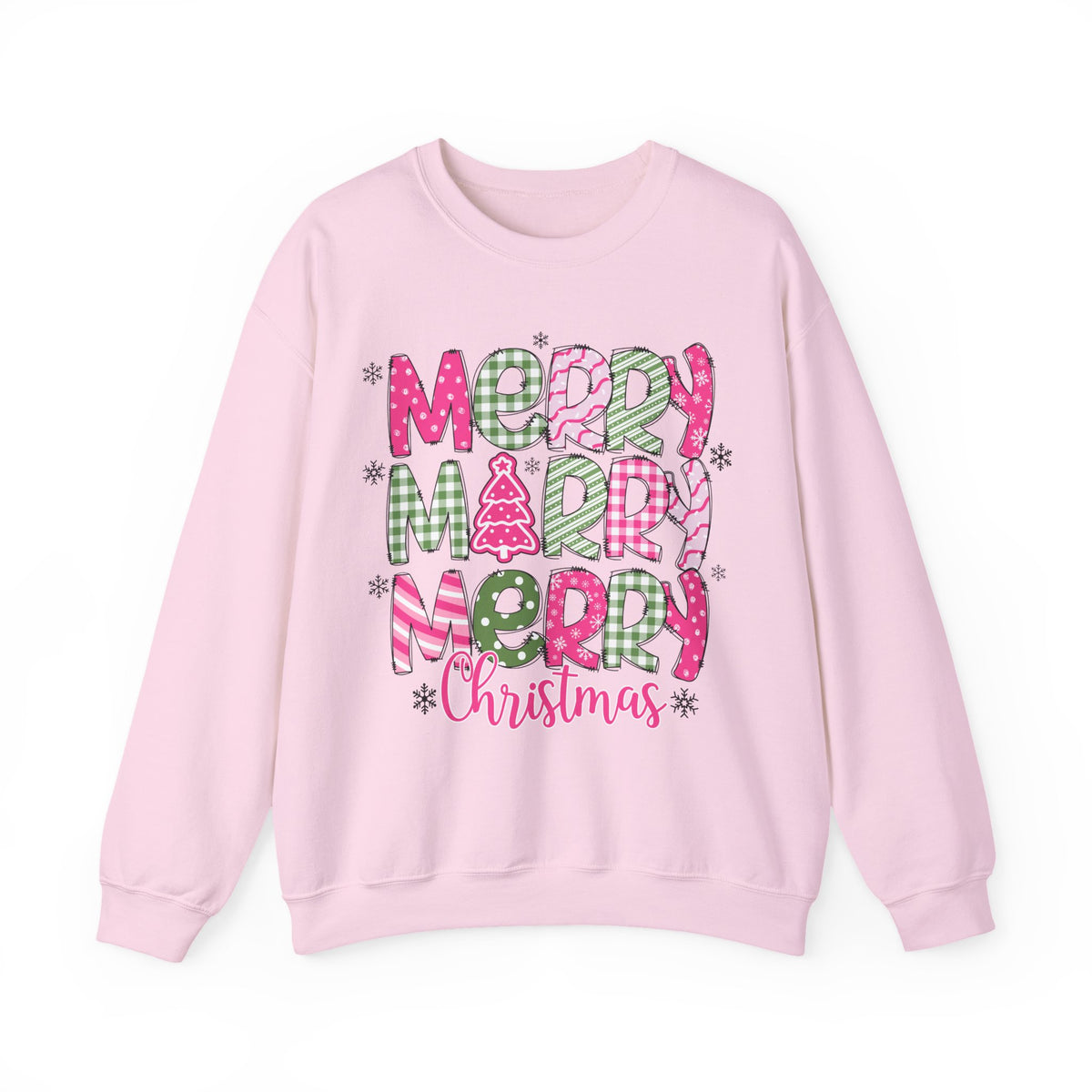 Merry Merry Merry Christmas Festive Candy Cane - Pink and Green – Gildan Heavy Blend | Trendy Women’s Soft Sweatshirt. Direct to Garment. Printed & Shipped in the USA. Unisex Sizes.