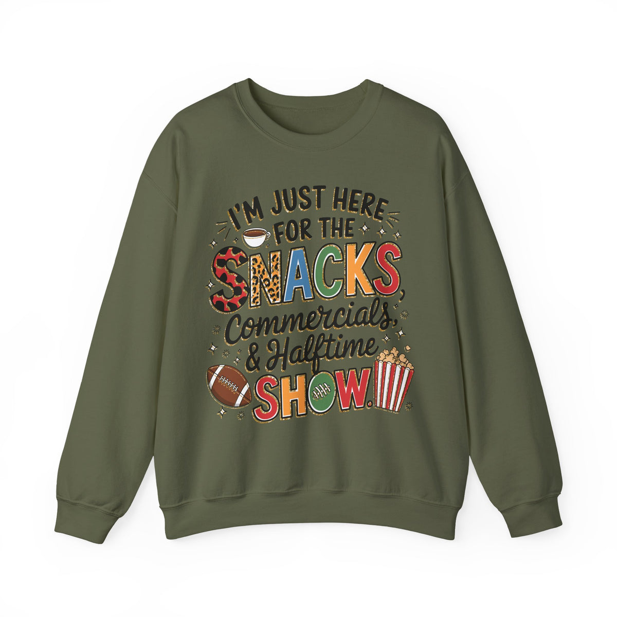 I’m Just Here for the Snacks, Commercials & Halftime Show – Gildan Heavy Blend | Trendy Women’s Soft Sweatshirt. Direct to Garment. Printed & Shipped in the USA. Unisex Sizes.