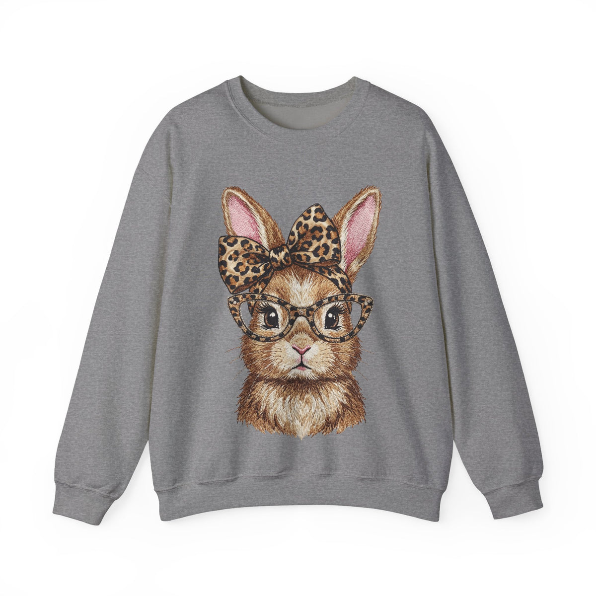 Bunny with Leopard Glasses and Bow – Gildan Heavy Blend | Trendy Women’s Soft Sweatshirt. Direct to Garment. Printed & Shipped in the USA. Unisex Sizes.