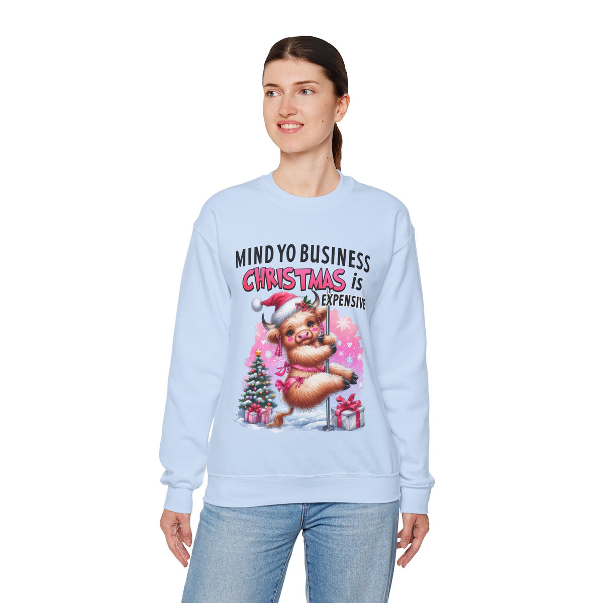 Highland Cow Mind Yo Business Christmas is Expensive – Gildan Heavy Blend | Trendy Women’s Soft Sweatshirt. Direct to Garment. Printed & Shipped in the USA. Unisex Sizes.
