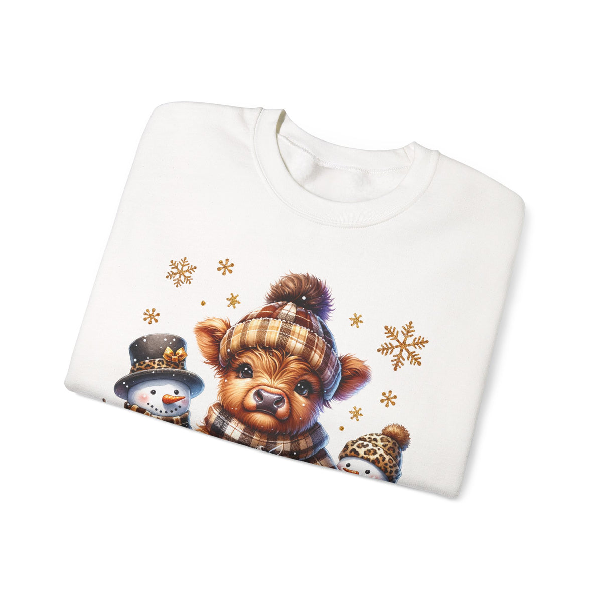 Cute Highland Cow with Snowmen, Winter – Gildan Heavy Blend | Trendy Women’s Soft Sweatshirt. Direct to Garment. Printed & Shipped in the USA. Unisex Sizes.
