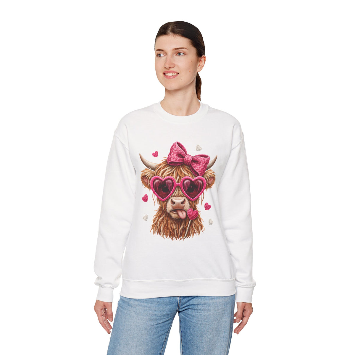 Highland Cow - Pink Heart Shaped Glasses – Gildan Heavy Blend | Trendy Women’s Soft Sweatshirt. Direct to Garment. Printed & Shipped in the USA. Unisex Sizes.