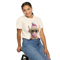 Faux Crochet Highland Cow Bubblegum - Comfort Colors | Trendy Women's T-Shirt. Direct to Garment. Printed & Shipped in the USA. Unisex Sizes.