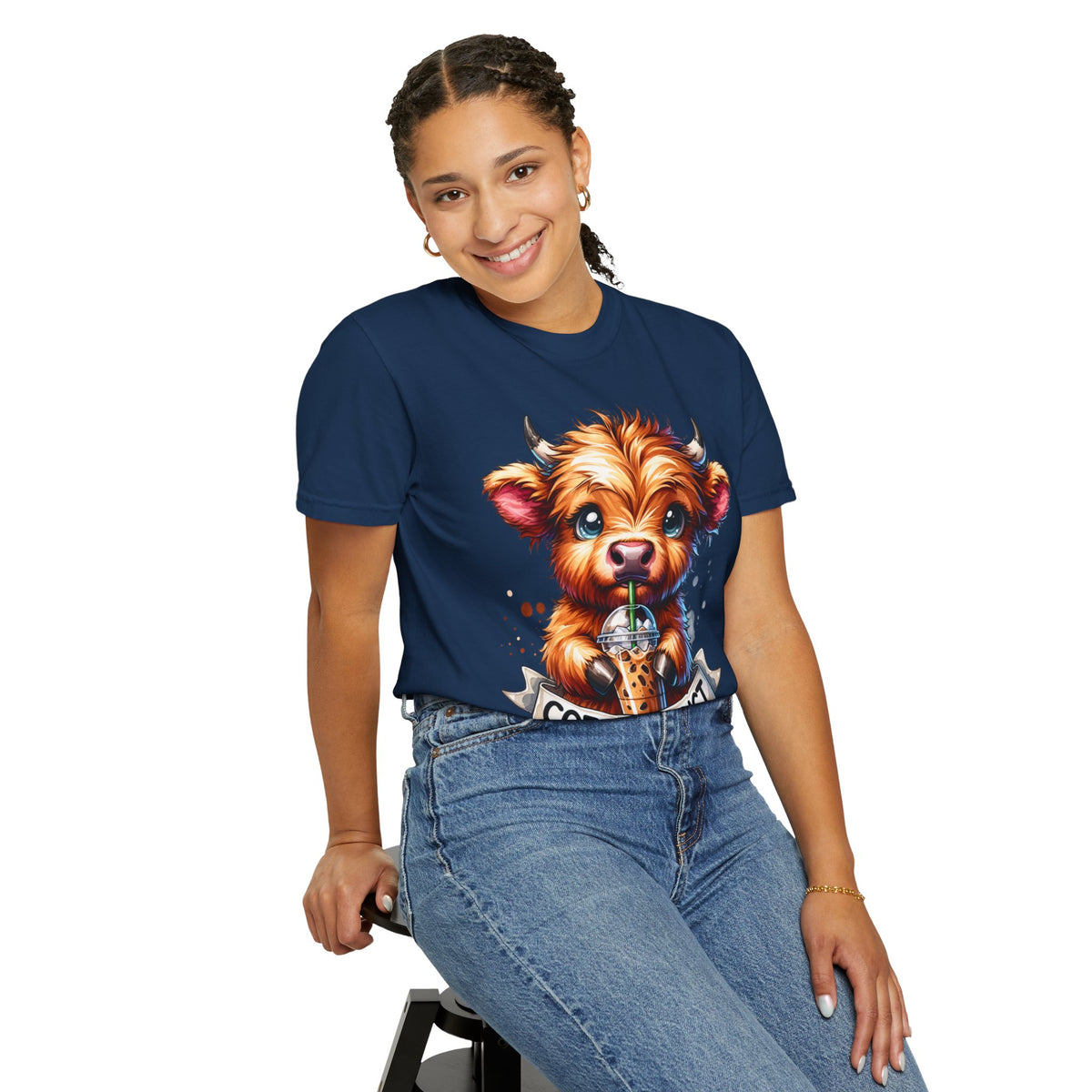 Coffee Addict Highland Cow Drinking Iced Coffee - Comfort Colors | Trendy Women's T-Shirt. Direct to Garment. Printed & Shipped in the USA. Unisex Sizes.