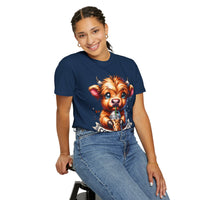 Coffee Addict Highland Cow Drinking Iced Coffee - Comfort Colors | Trendy Women's T-Shirt. Direct to Garment. Printed & Shipped in the USA. Unisex Sizes.