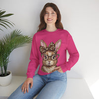 Bunny with Leopard Glasses and Bow – Gildan Heavy Blend | Trendy Women’s Soft Sweatshirt. Direct to Garment. Printed & Shipped in the USA. Unisex Sizes.