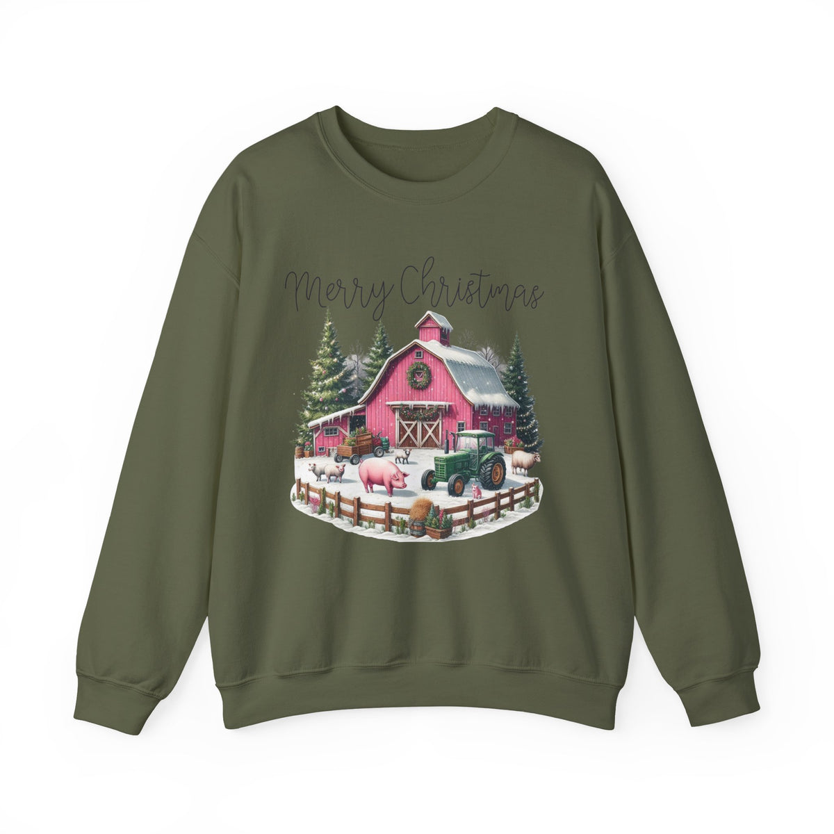 Merry Christmas Pink Barn Farm Animals – Gildan Heavy Blend | Trendy Women’s Soft Sweatshirt. Direct to Garment. Printed & Shipped in the USA. Unisex Sizes.