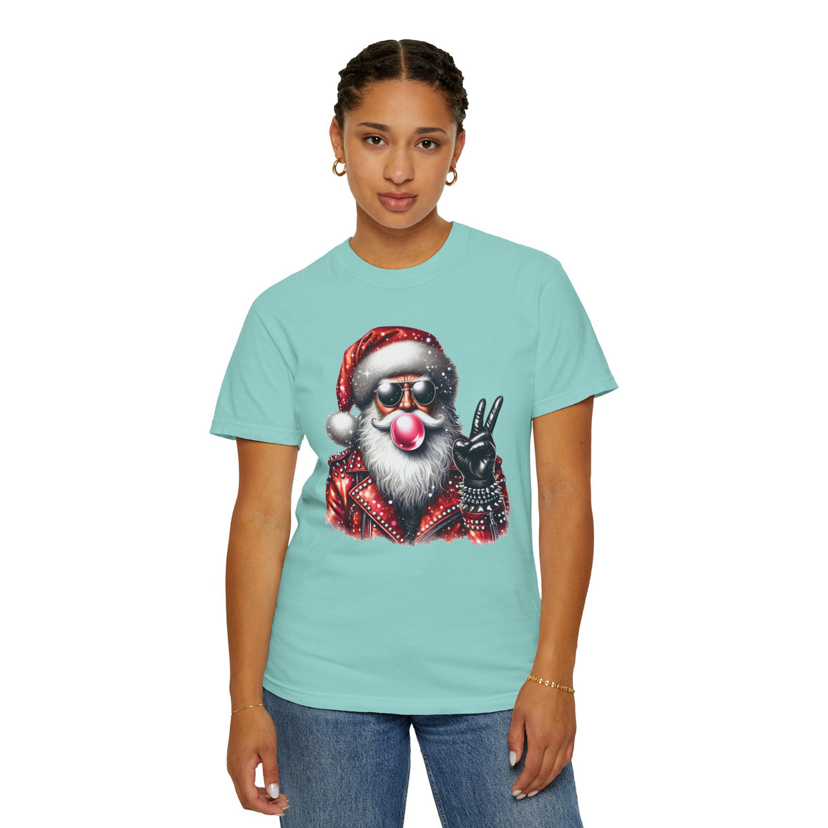 Biker Santa Leather Jacket Bubblegum - Comfort Colors | Trendy Women's and Men's T-Shirt. Direct to Garment. Printed & Shipped in the USA. Unisex Sizes.