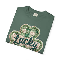 Lucky Shamrock Faux Knit - Comfort Colors | Trendy Men's and Women's T-Shirt. Direct to Garment. Printed & Shipped in the USA. Unisex Sizes.