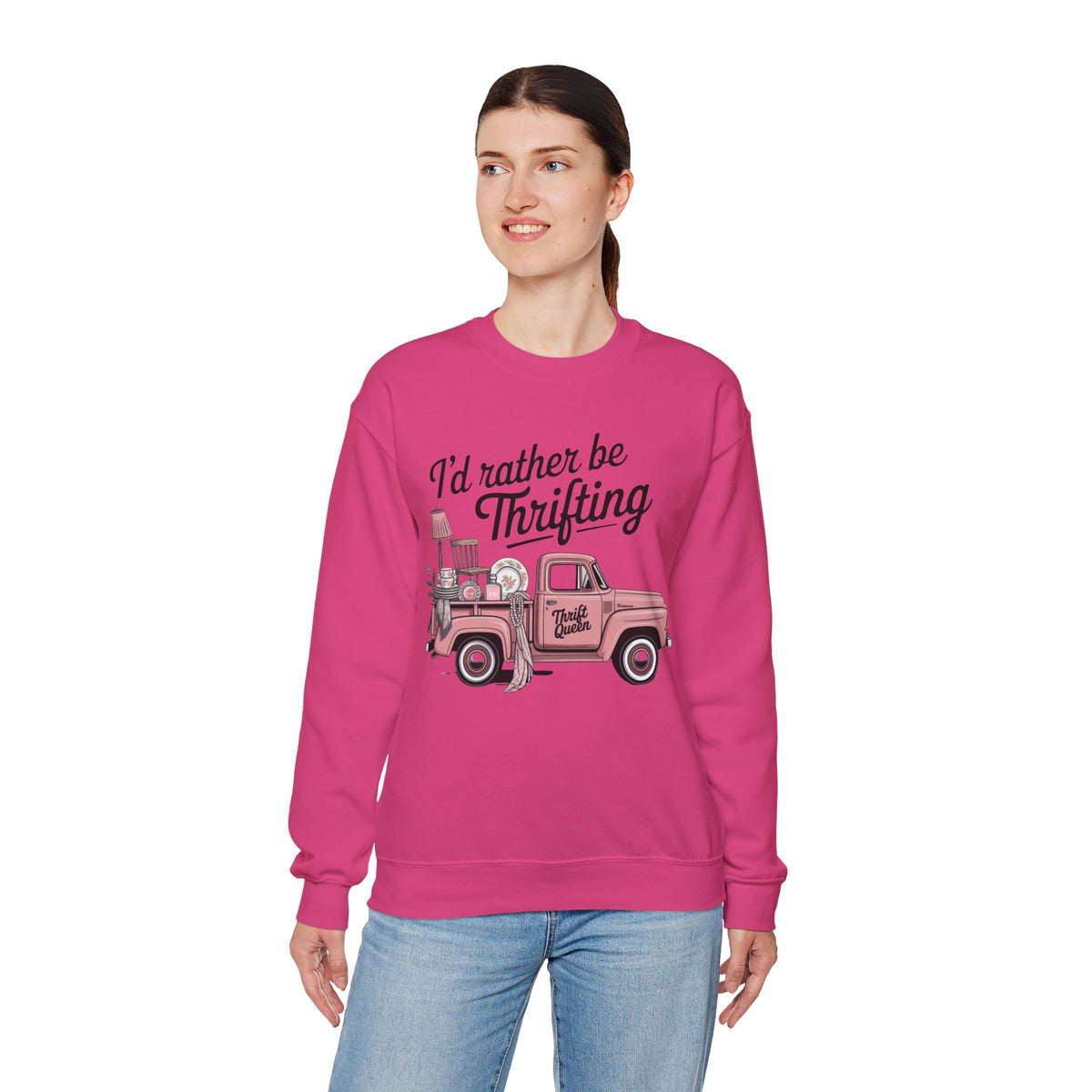 I'd Rather Be Thrifting. Pink Vintage Truck – Gildan Heavy Blend | Trendy Women’s Soft Sweatshirt. Direct to Garment. Printed & Shipped in the USA. Unisex Sizes.
