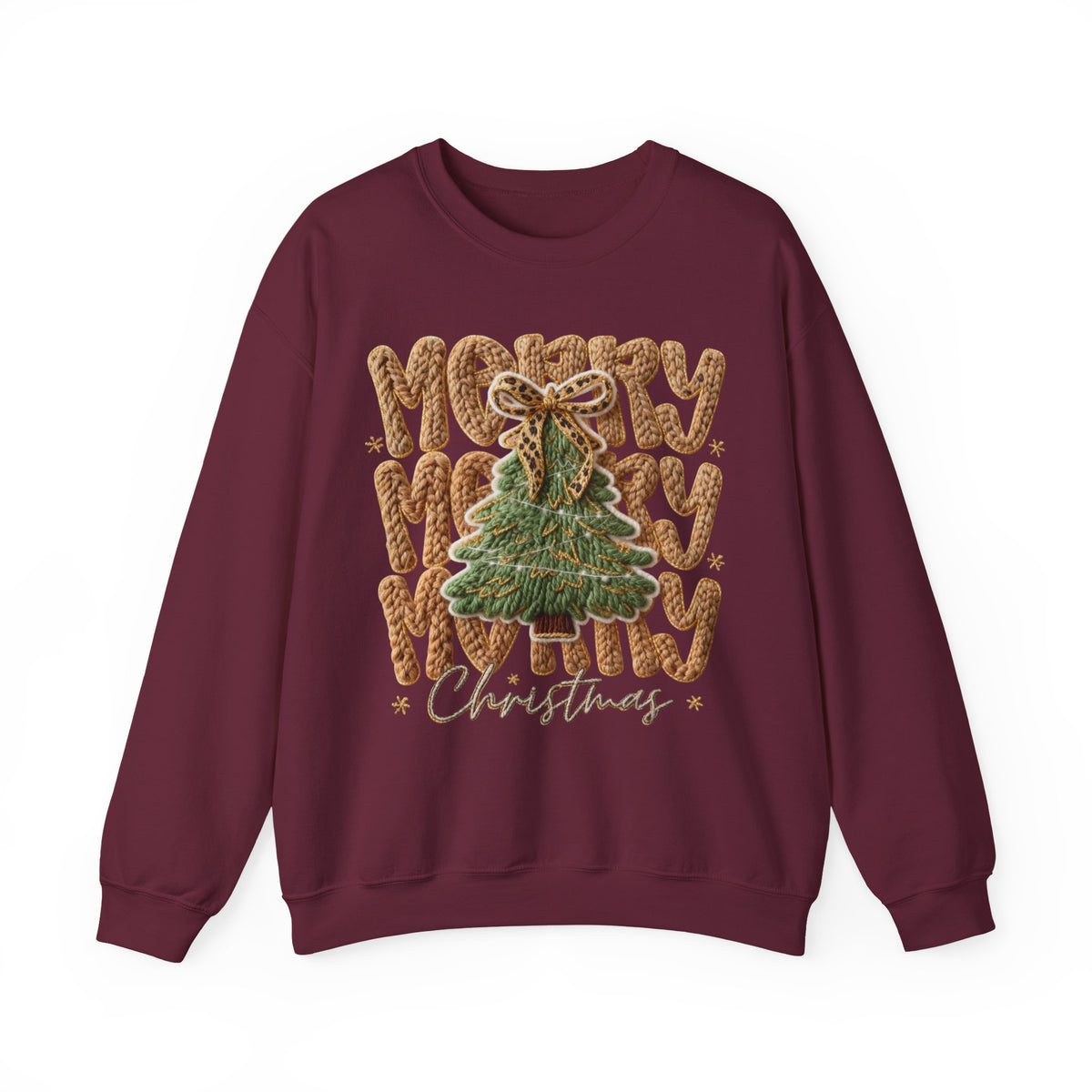 Merry Merry Merry Christmas, Faux Latch Hook Yarn – Gildan Heavy Blend | Trendy Women’s Soft Sweatshirt. Direct to Garment. Printed & Shipped in the USA. Unisex Sizes.