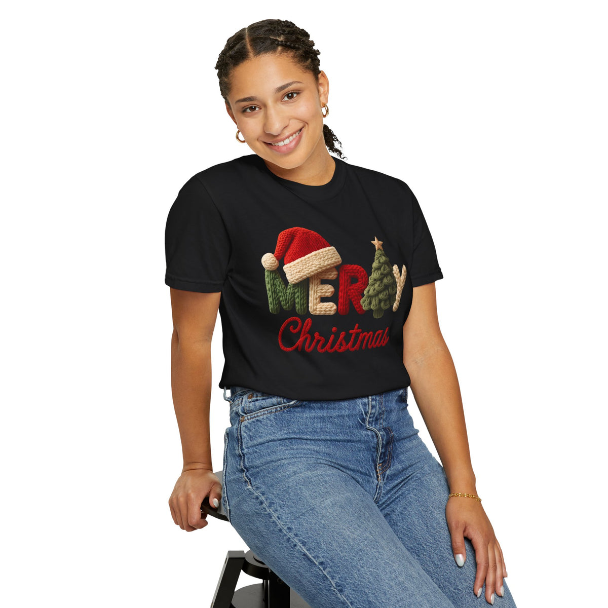 Merry Christmas Faux Yarn w/Santa Hat & Tree - Comfort Colors | Trendy Women's T-Shirt. Direct to Garment. Printed & Shipped in the USA. Unisex Sizes.
