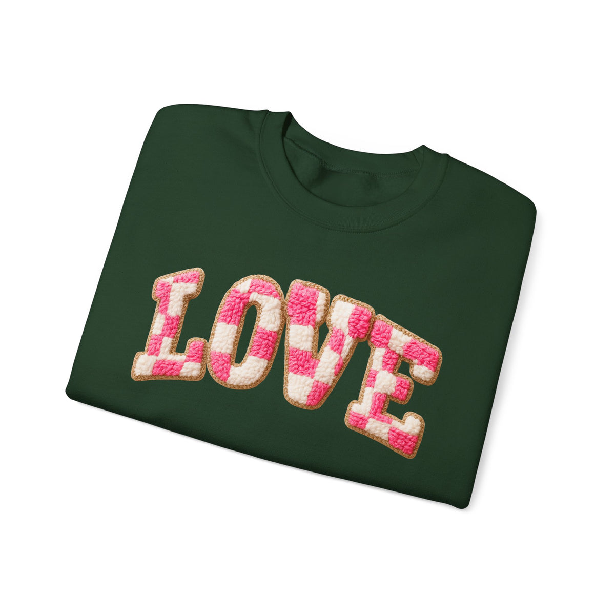 Faux Crochet Checkered LOVE – Gildan Heavy Blend | Trendy Women’s Soft Sweatshirt. Direct to Garment. Printed & Shipped in the USA. Unisex Sizes.