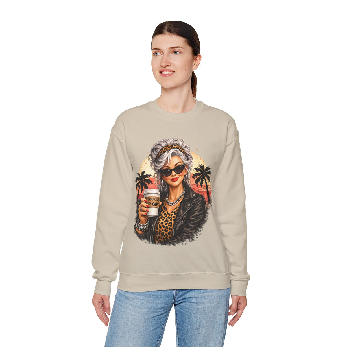 Too Old To Care, Fashionista Grandma – Gildan Heavy Blend | Trendy Women’s Soft Sweatshirt. Direct to Garment. Printed & Shipped in the USA. Unisex Sizes.