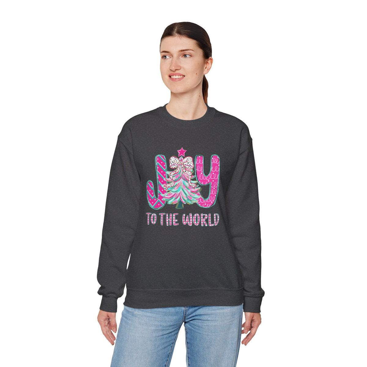 Joy to the World w/Christmas Tree Pink and Teal – Gildan Heavy Blend | Trendy Women’s Soft Sweatshirt. Direct to Garment. Printed & Shipped in the USA. Unisex Sizes.