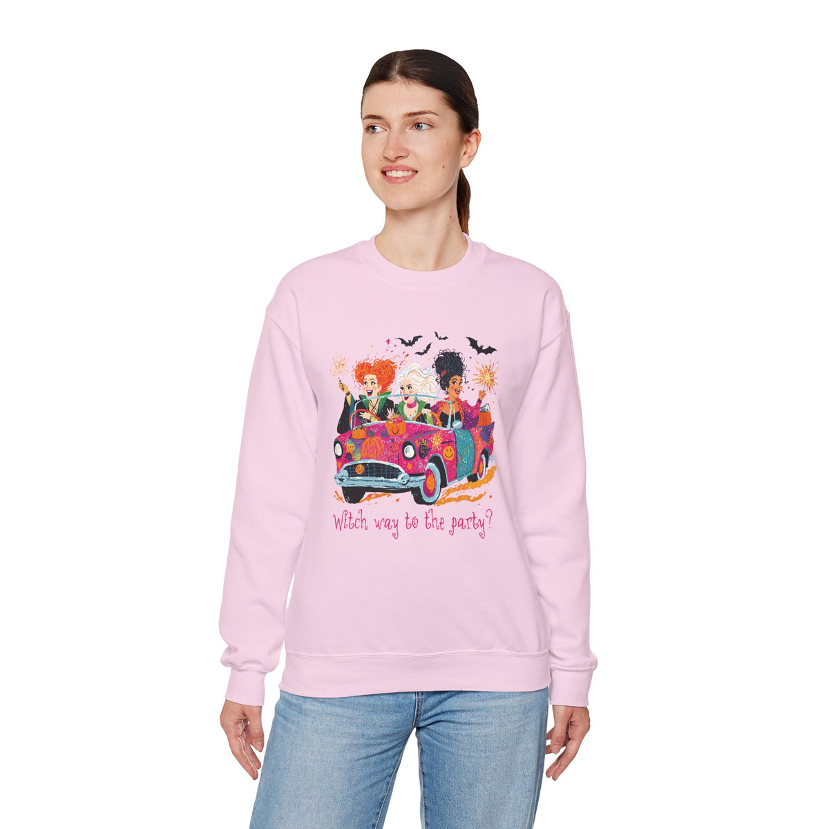 Witch Way to the Party? – Gildan Heavy Blend | Trendy Women’s Soft Sweatshirt. Direct to Garment. Printed & Shipped in the USA. Unisex Sizes.