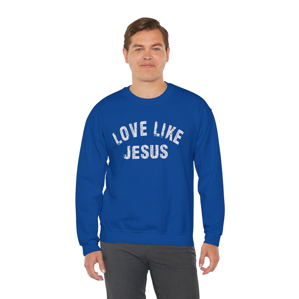 Love Like Jesus - Distressed – Gildan Heavy Blend | Trendy Men's and Women’s Soft Sweatshirt. Direct to Garment. Printed & Shipped in the USA. Unisex Sizes.