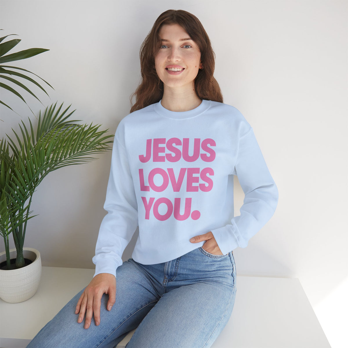 Jesus Loves You – Gildan Heavy Blend | Trendy Women’s and Men's Soft Sweatshirt. Direct to Garment. Printed & Shipped in the USA. Unisex Sizes.