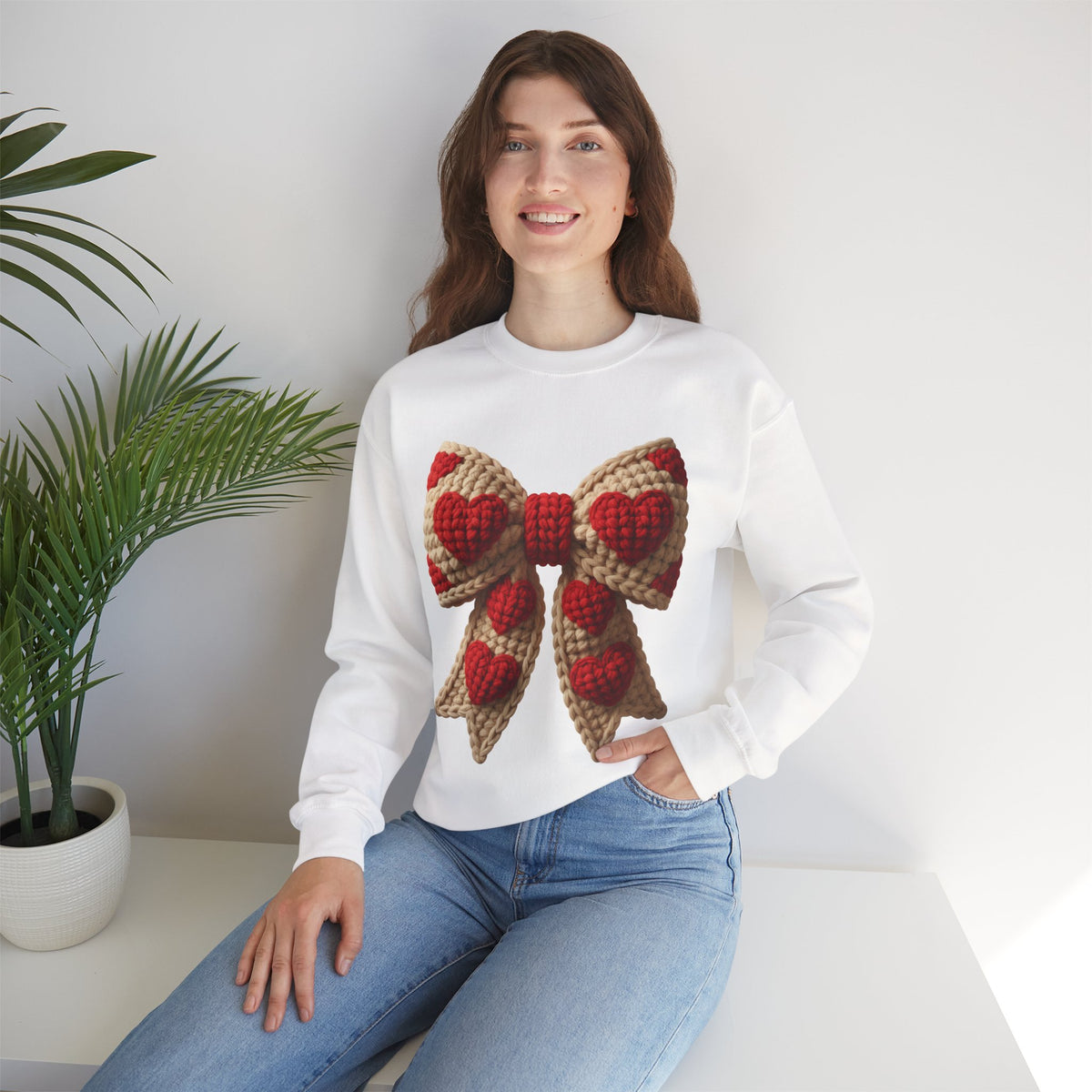 Faux Crochet Valentine Bow – Gildan Heavy Blend | Trendy Women’s Soft Sweatshirt. Direct to Garment. Printed & Shipped in the USA. Unisex Sizes.