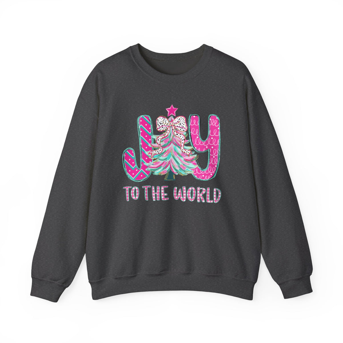 Joy to the World w/Christmas Tree Pink and Teal – Gildan Heavy Blend | Trendy Women’s Soft Sweatshirt. Direct to Garment. Printed & Shipped in the USA. Unisex Sizes.