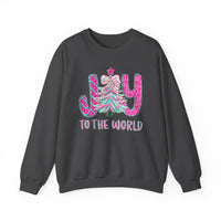 Joy to the World w/Christmas Tree Pink and Teal – Gildan Heavy Blend | Trendy Women’s Soft Sweatshirt. Direct to Garment. Printed & Shipped in the USA. Unisex Sizes.