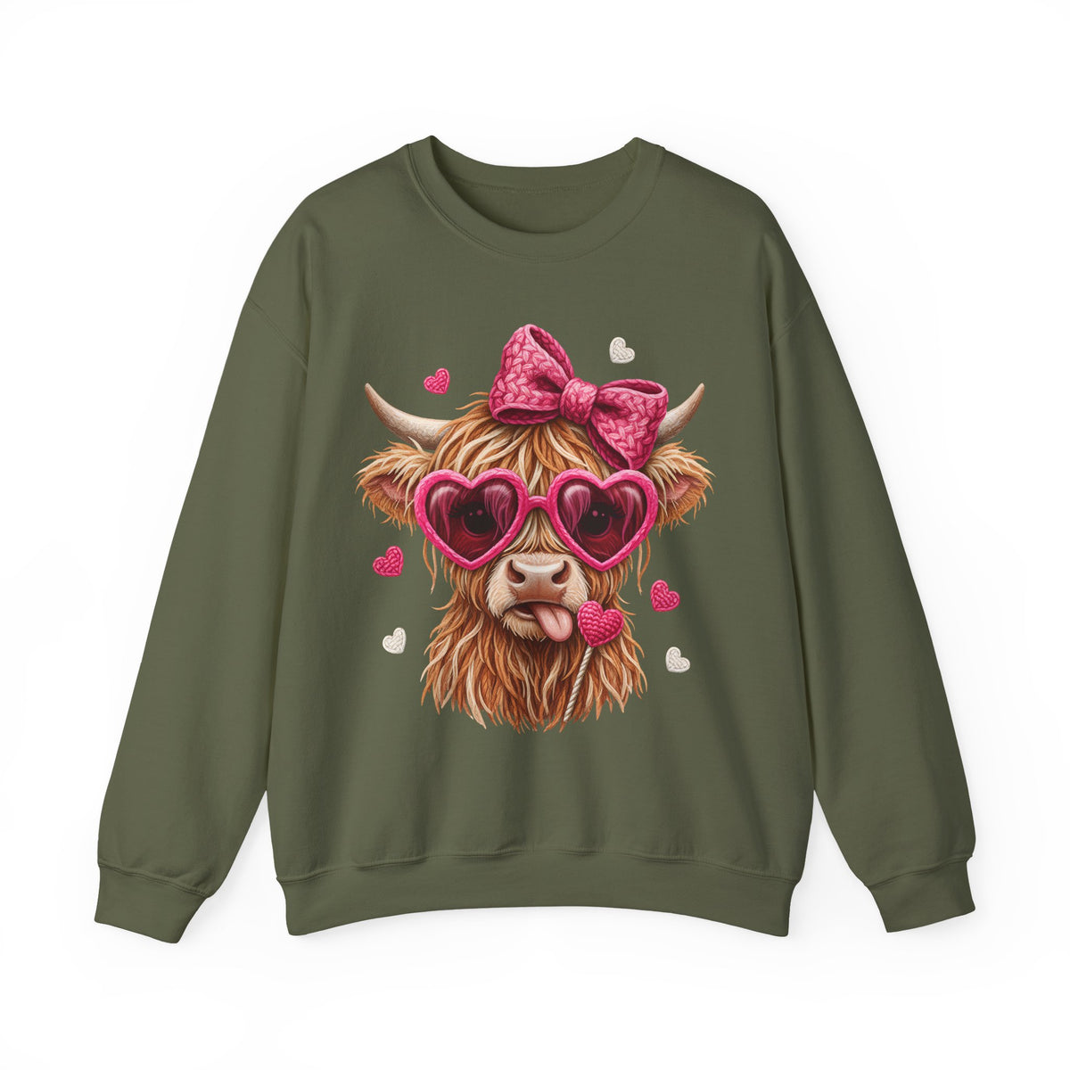 Highland Cow - Pink Heart Shaped Glasses – Gildan Heavy Blend | Trendy Women’s Soft Sweatshirt. Direct to Garment. Printed & Shipped in the USA. Unisex Sizes.