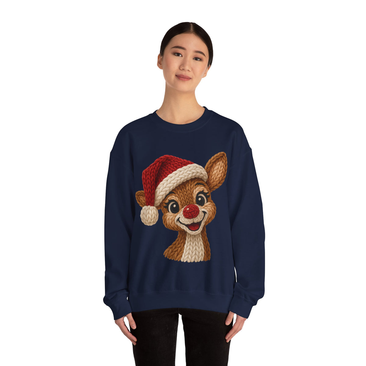 Cute Rudolph Faux Knit Look Reindeer w/Santa Hat – Gildan Heavy Blend | Trendy Women’s Soft Sweatshirt. Direct to Garment. Printed & Shipped in the USA. Unisex Sizes.