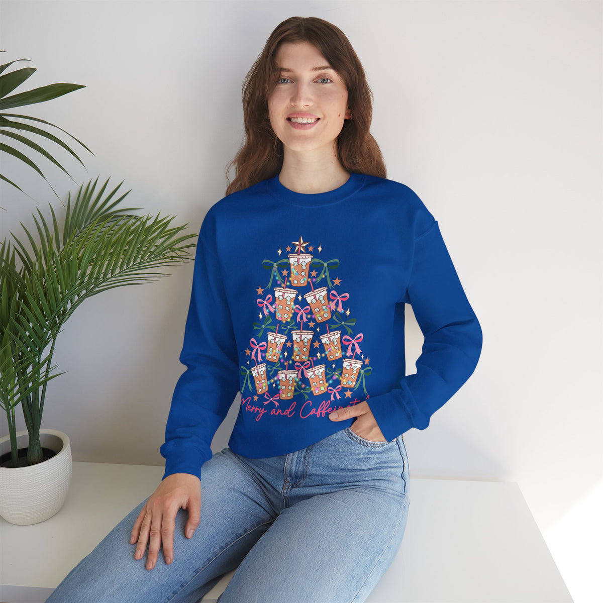 Merry and Caffeinated Iced Coffee Christmas Tree – Gildan Heavy Blend | Trendy Women’s Soft Sweatshirt. Direct to Garment. Printed & Shipped in the USA. Unisex Sizes.