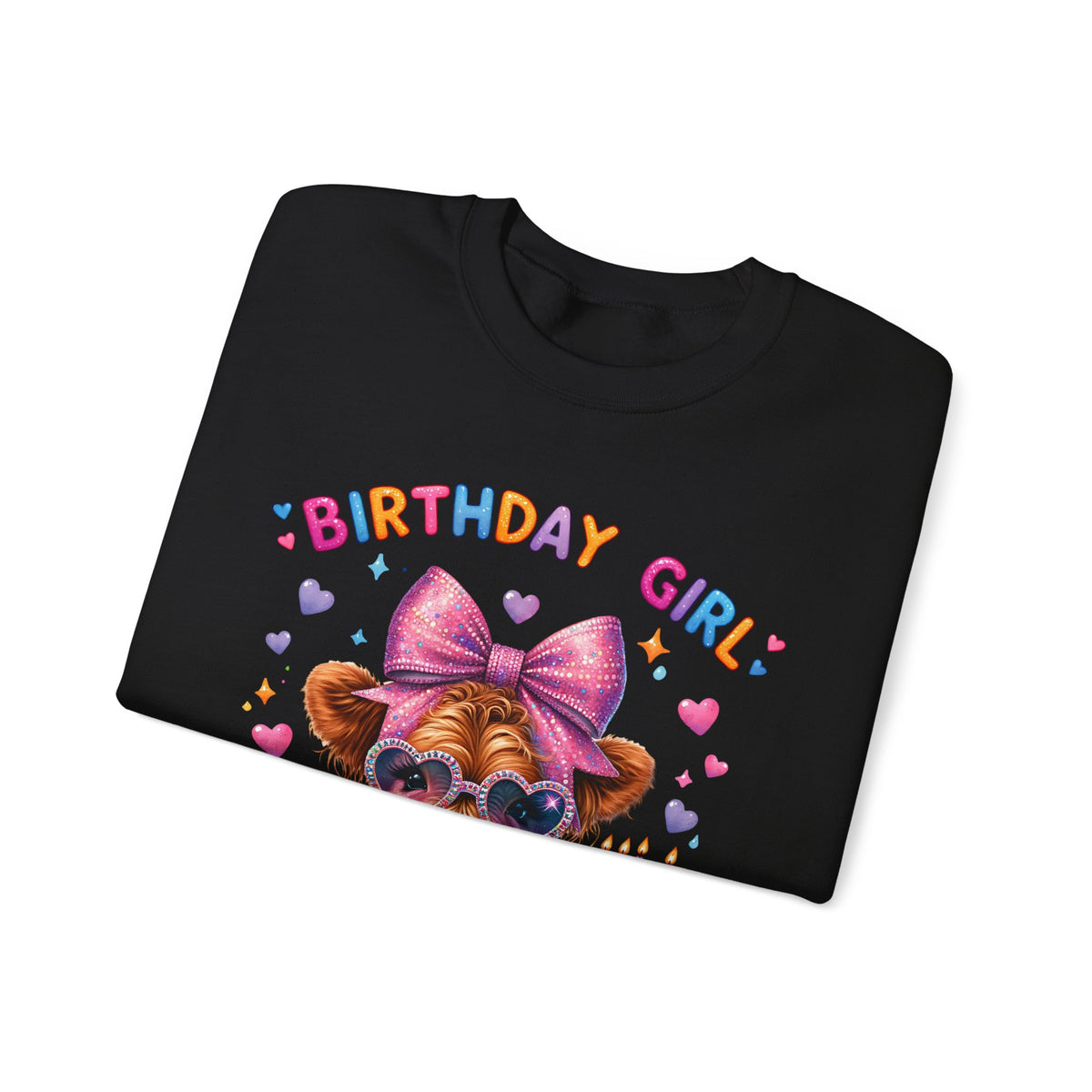 Birthday Girl, Highland Cow – Gildan Heavy Blend | Trendy Women’s Soft Sweatshirt. Direct to Garment. Printed & Shipped in the USA. Unisex Sizes.