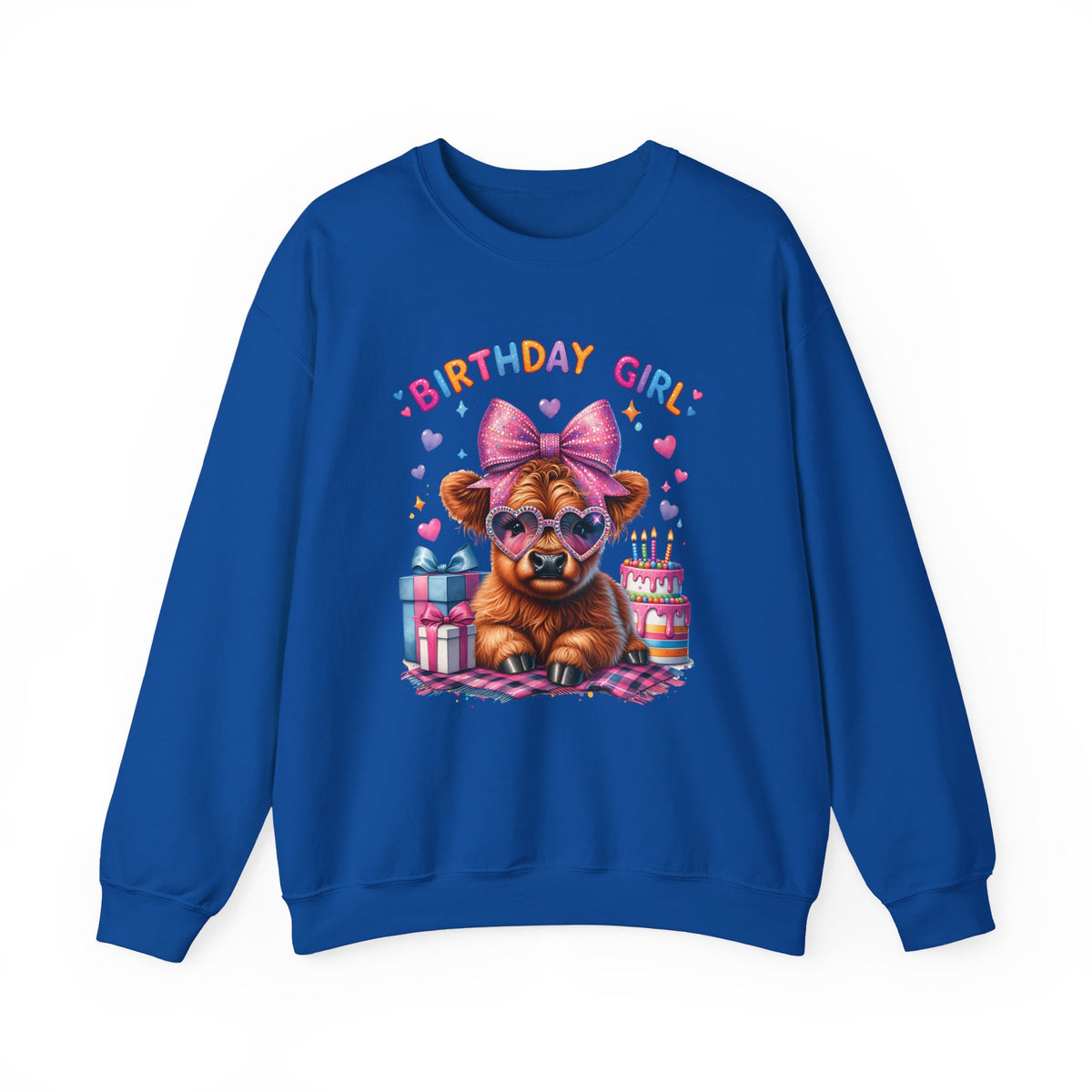 Birthday Girl, Highland Cow – Gildan Heavy Blend | Trendy Women’s Soft Sweatshirt. Direct to Garment. Printed & Shipped in the USA. Unisex Sizes.