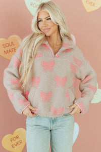 Gray Quarter Zip Pullover w/Pink Bows and Accents