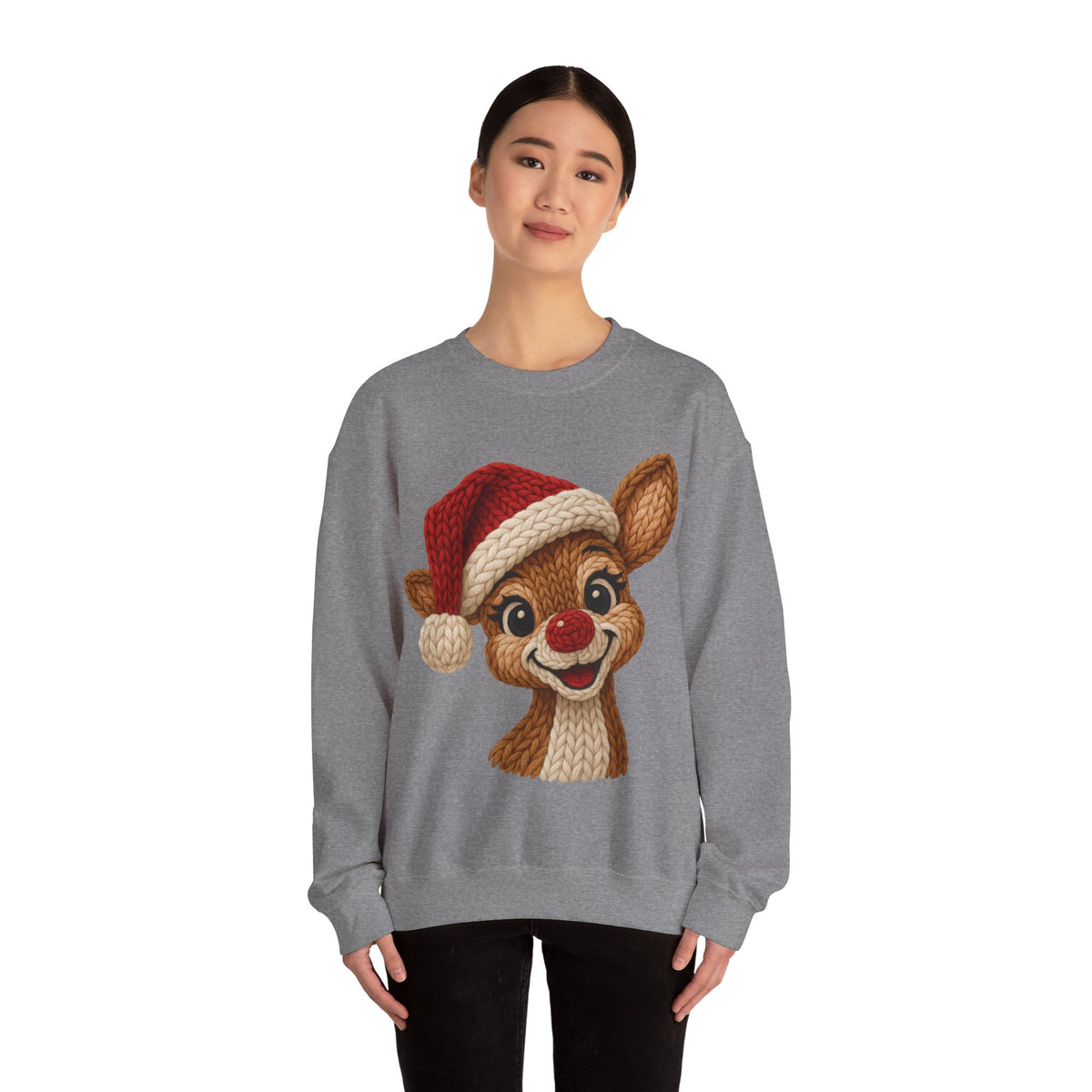 Cute Rudolph Faux Knit Look Reindeer w/Santa Hat – Gildan Heavy Blend | Trendy Women’s Soft Sweatshirt. Direct to Garment. Printed & Shipped in the USA. Unisex Sizes.