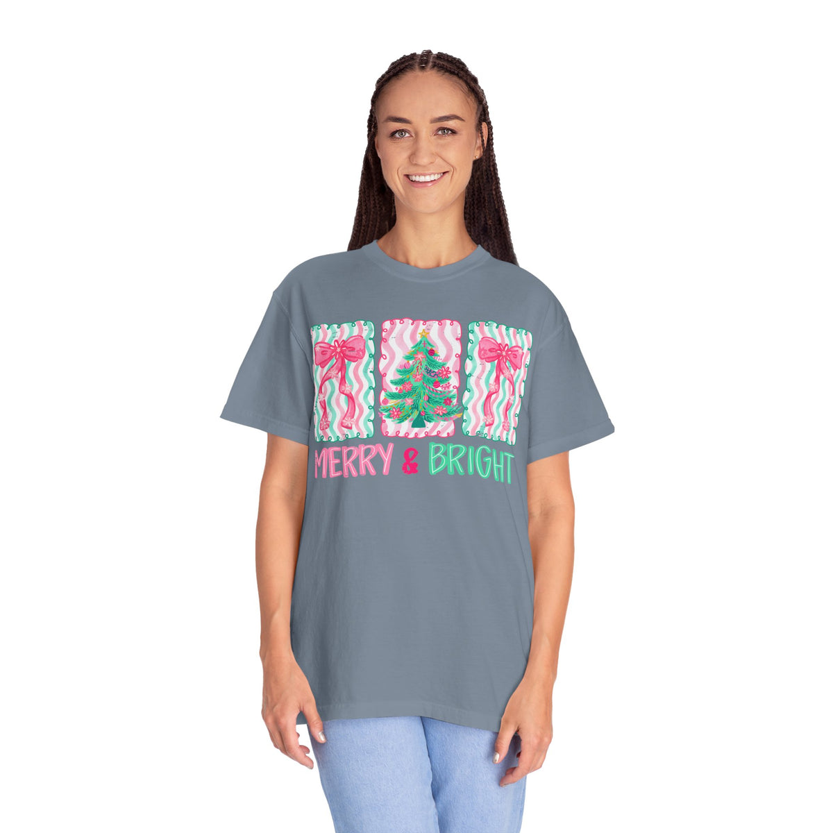 Merry & Bright Christmas — Pink & Green Holiday Tree Design - Comfort Colors | Trendy Women's T-Shirt. Direct to Garment. Printed & Shipped in the USA. Unisex Sizes.