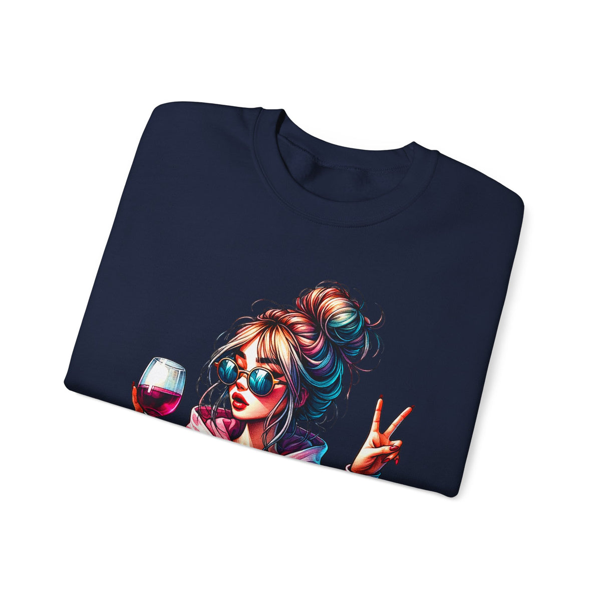 Dramatic Girl With Wine Messy Bun Peace Sign – Gildan Heavy Blend | Trendy Women’s Soft Sweatshirt. Direct to Garment. Printed & Shipped in the USA. Unisex Sizes.