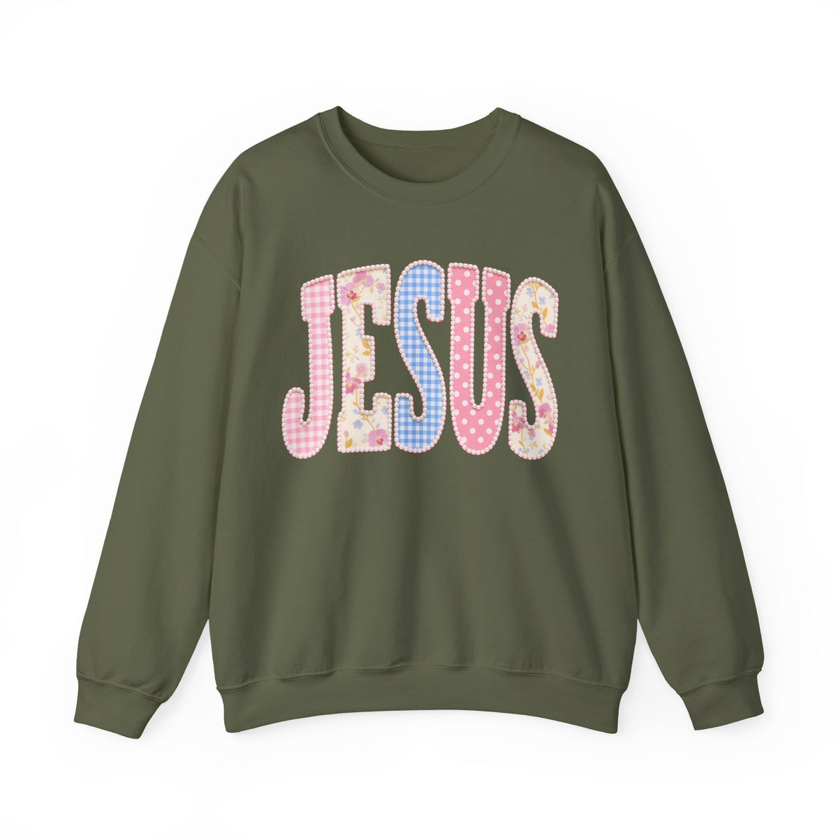 JESUS Pastel Faux Patchwork – Gildan Heavy Blend | Trendy Women’s Soft Sweatshirt. Direct to Garment. Printed & Shipped in the USA. Unisex Sizes.