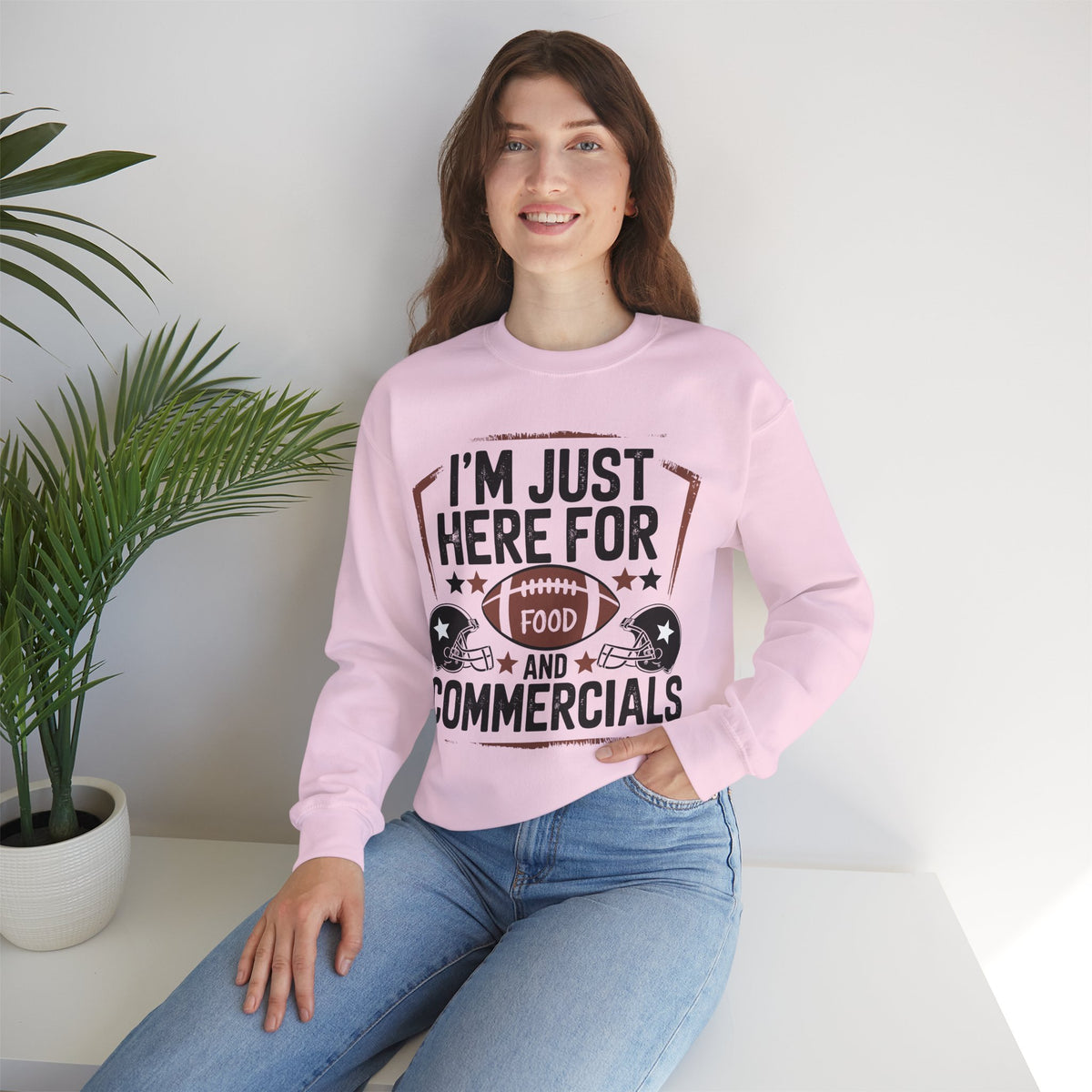 I'm Just Here for Food and Commercials – Gildan Heavy Blend | Trendy Women’s and Men's Soft Sweatshirt. Direct to Garment. Printed & Shipped in the USA. Unisex Sizes.