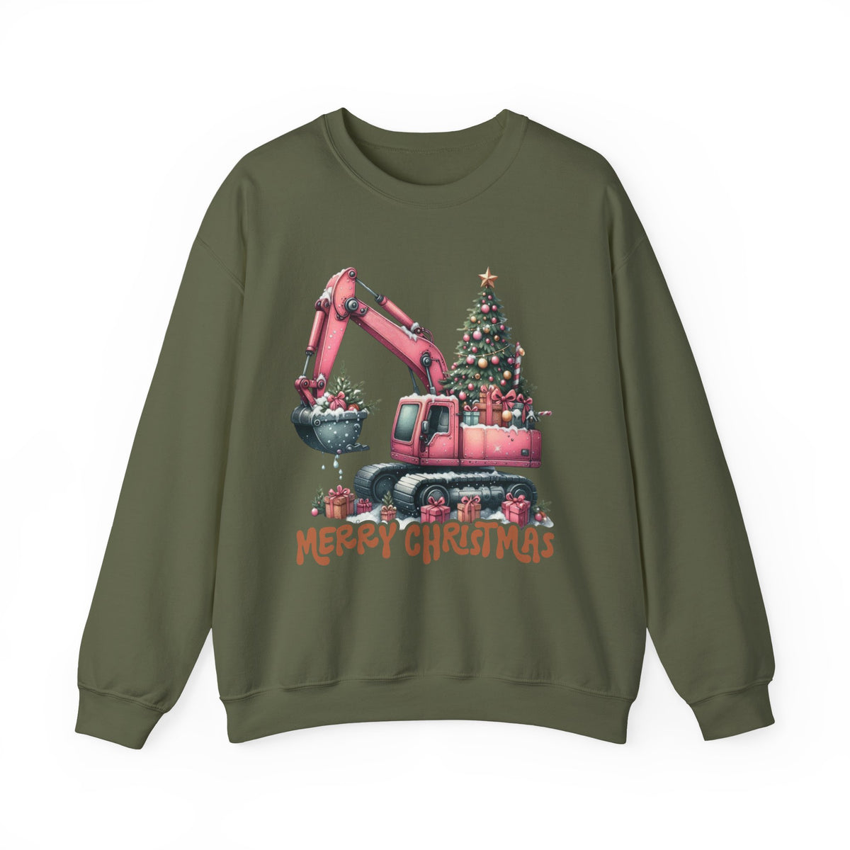 Excavator Merry Christmas Construction – Gildan Heavy Blend | Trendy Women’s Soft Sweatshirt. Direct to Garment. Printed & Shipped in the USA. Unisex Sizes.