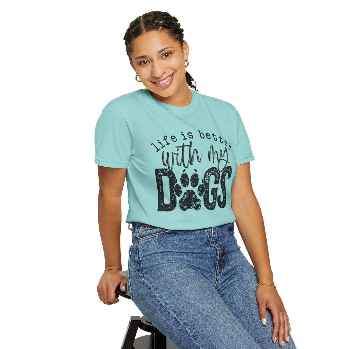 Life Is Better With My Dogs, Distressed - Comfort Colors | Trendy Women's and Men's T-Shirt. Direct to Garment. Printed & Shipped in the USA. Unisex Sizes.