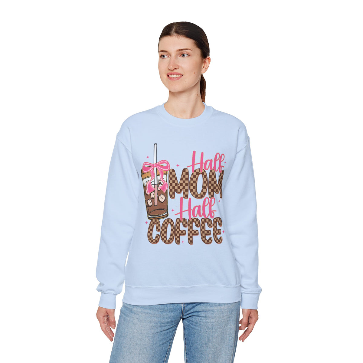 Half Mom Half Coffee, Cute Leopard Print Coffee Design – Gildan Heavy Blend | Trendy Women’s Soft Sweatshirt. Direct to Garment. Printed & Shipped in the USA. Unisex Sizes.