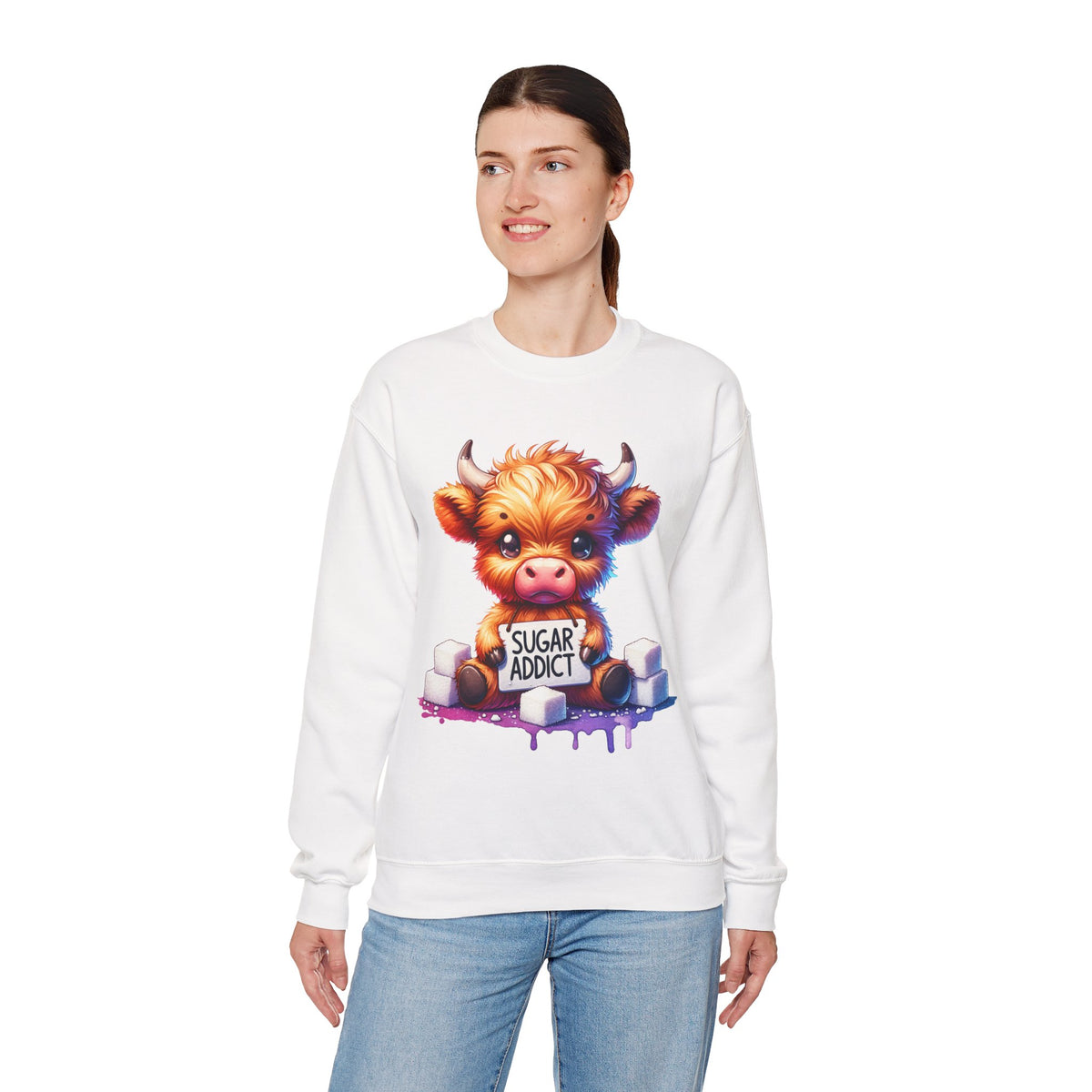Sugar Addict Highland Cow – Gildan Heavy Blend | Trendy Women’s Soft Sweatshirt. Direct to Garment. Printed & Shipped in the USA. Unisex Sizes.