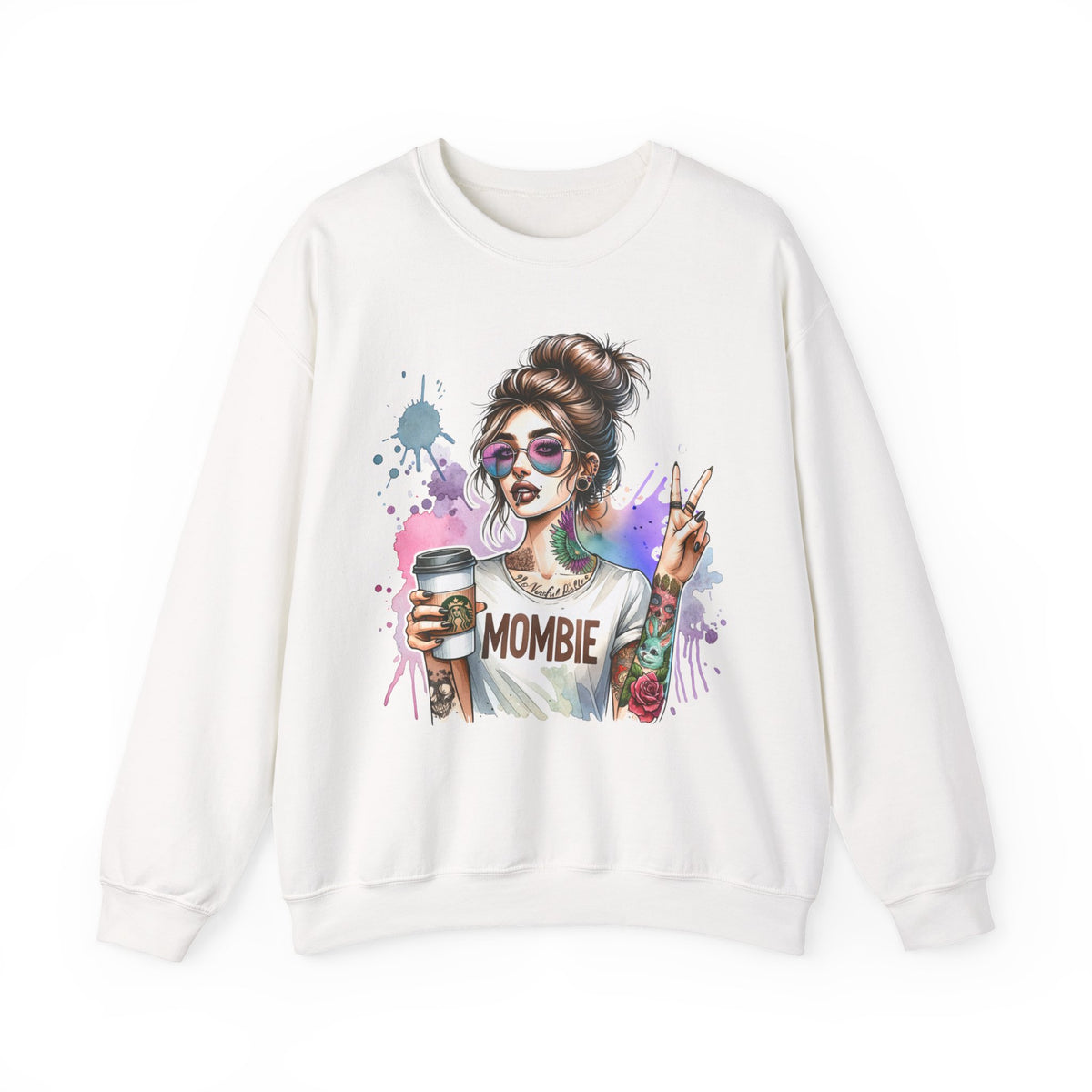 Cool Mombie with Coffee Peace Tattoo - Tired Mom – Gildan Heavy Blend | Trendy Women’s Soft Sweatshirt. Direct to Garment. Printed & Shipped in the USA. Unisex Sizes.