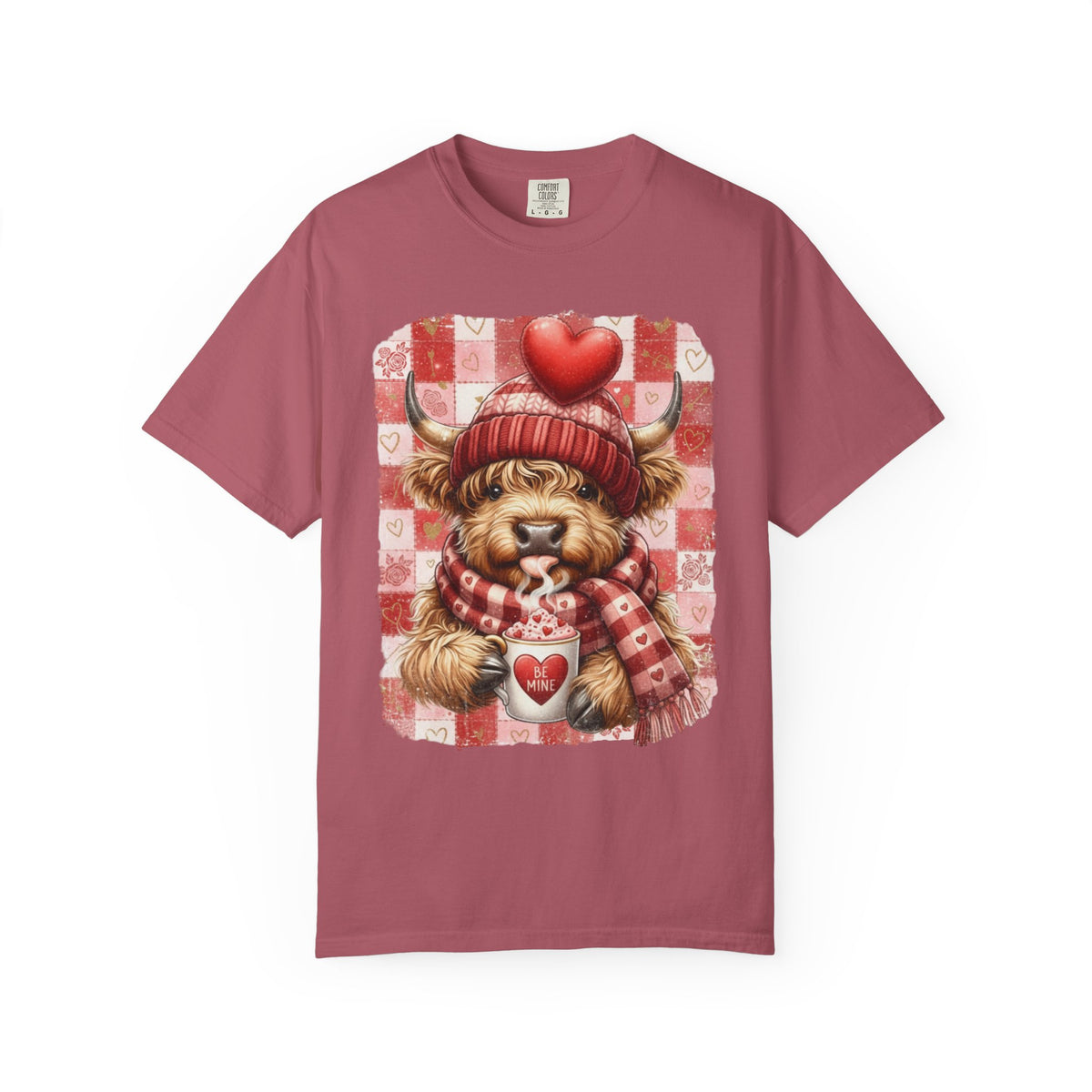 Highland Cow Be Mine, Red Checkered - Comfort Colors | Trendy Women's T-Shirt. Direct to Garment. Printed & Shipped in the USA. Unisex Sizes.