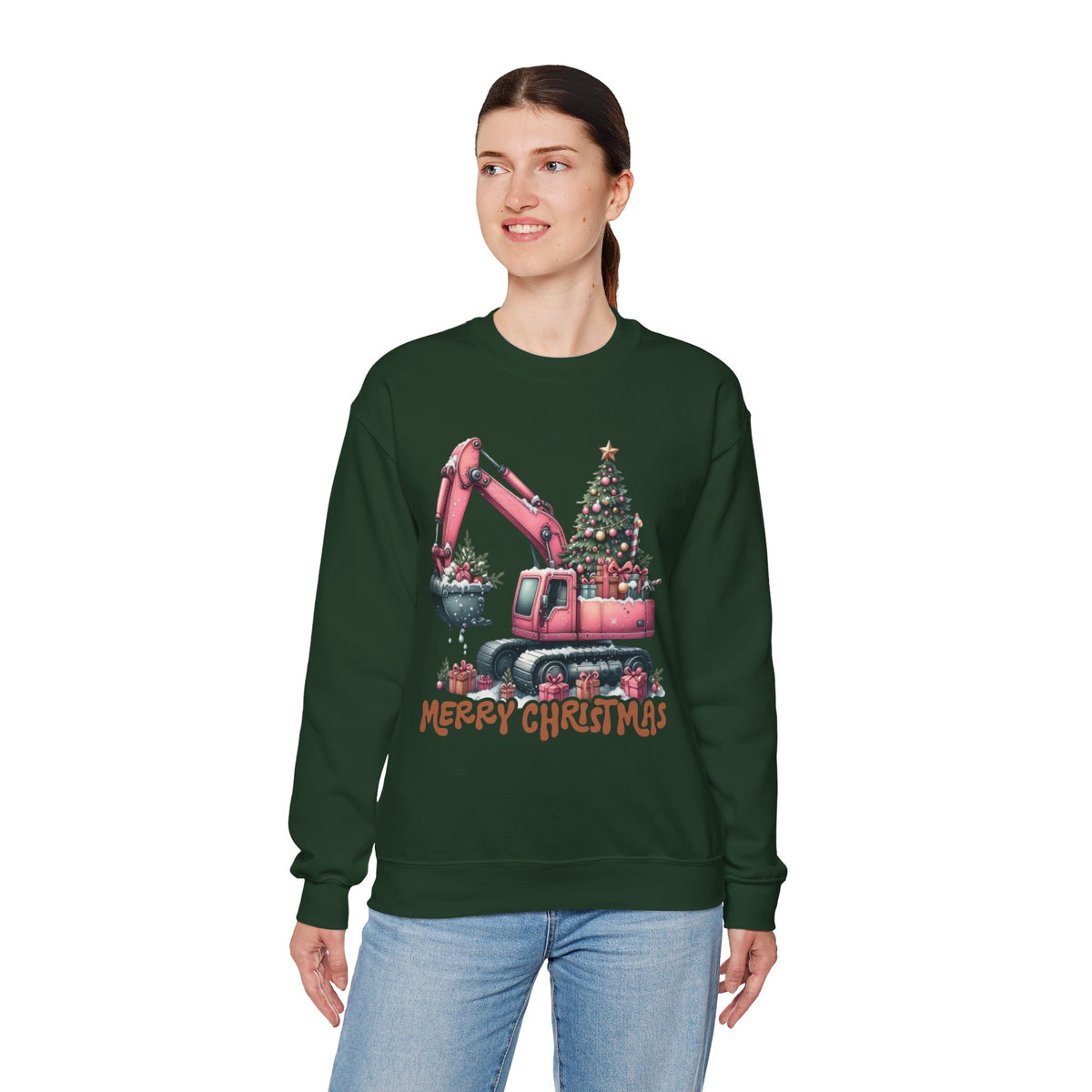 Excavator Merry Christmas Construction – Gildan Heavy Blend | Trendy Women’s Soft Sweatshirt. Direct to Garment. Printed & Shipped in the USA. Unisex Sizes.
