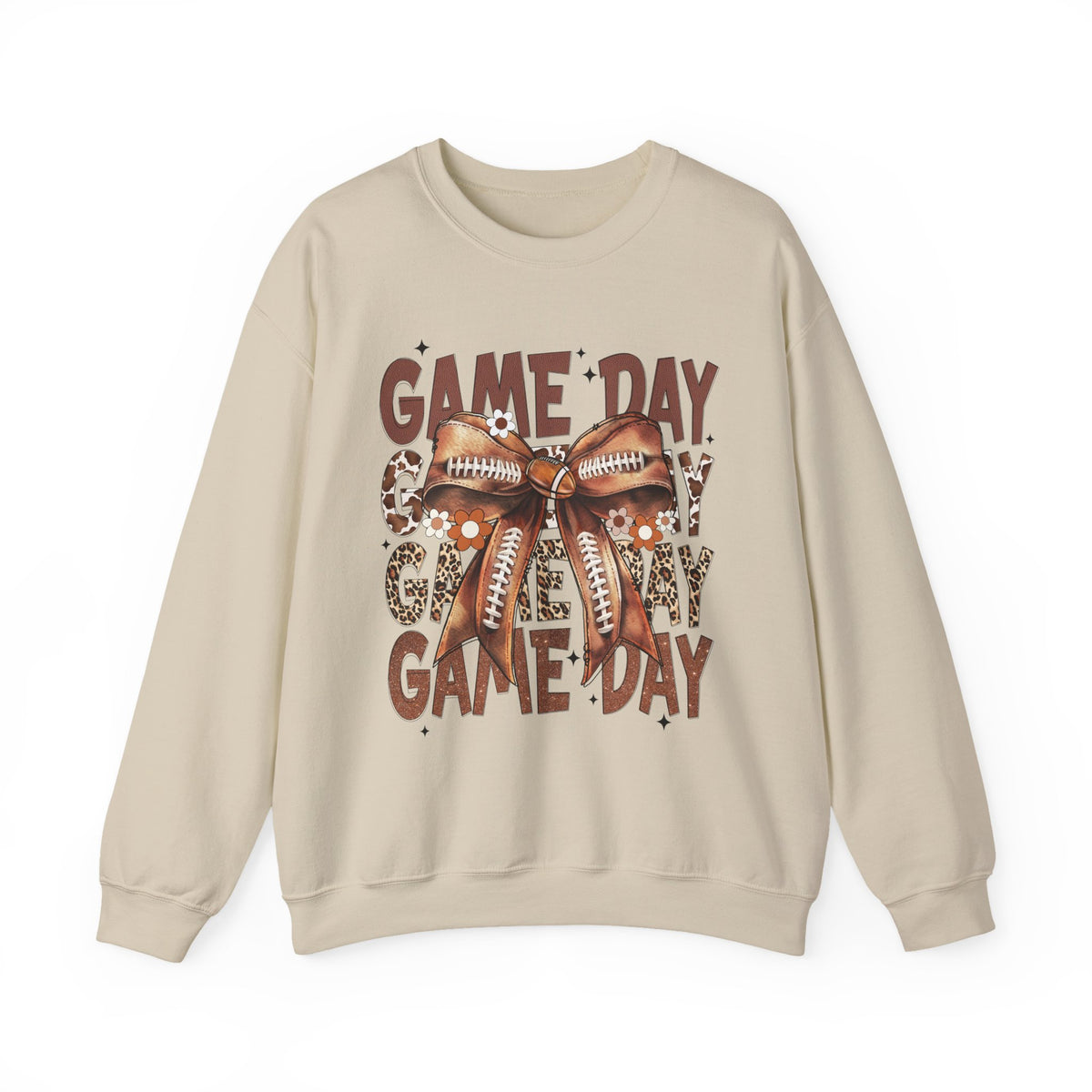Game Day - Football Bow – Gildan Heavy Blend | Trendy Women’s Soft Sweatshirt. Direct to Garment. Printed & Shipped in the USA. Unisex Sizes.
