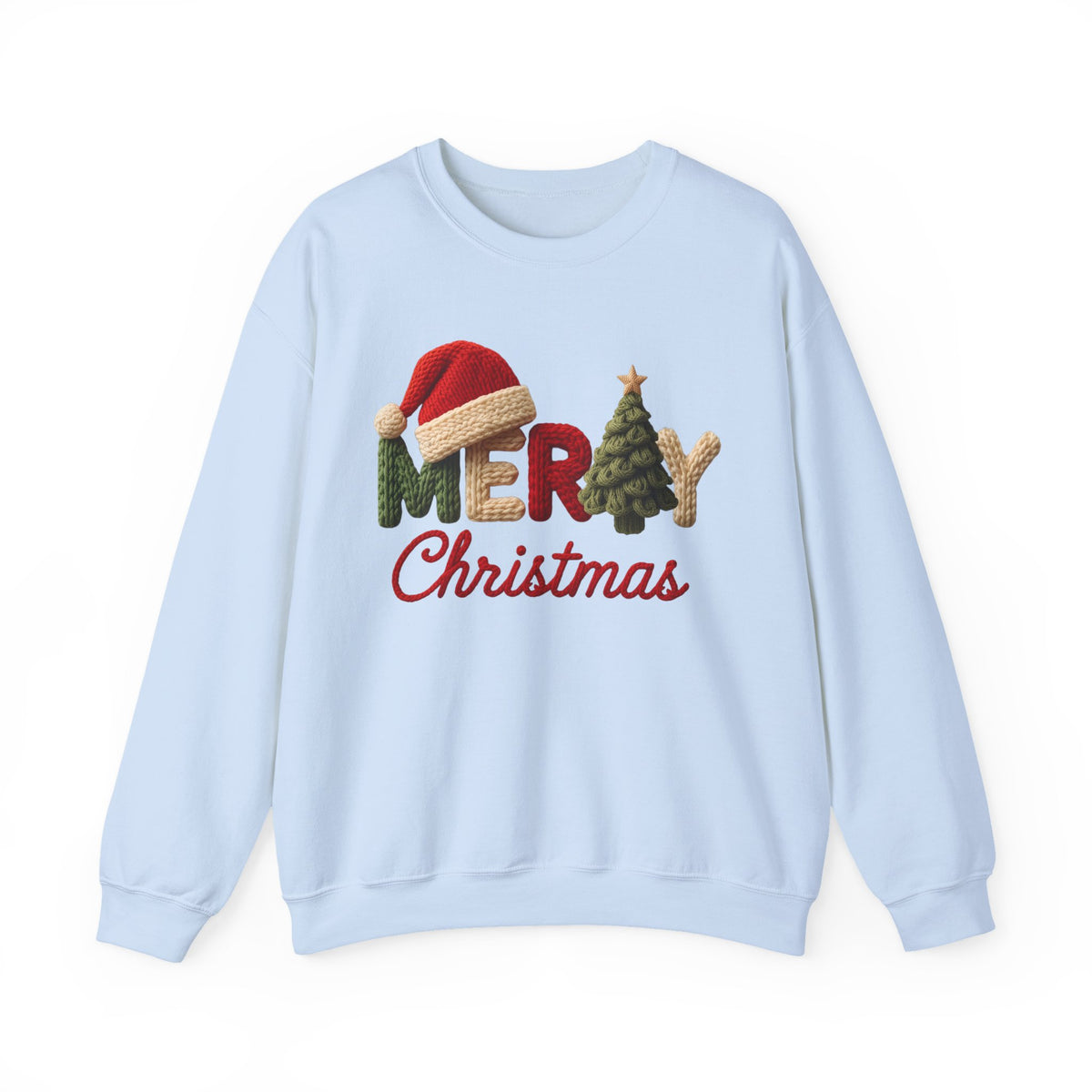 Merry Christmas Faux Yarn w/Santa Hat & Tree – Gildan Heavy Blend | Trendy Women’s Soft Sweatshirt. Direct to Garment. Printed & Shipped in the USA. Unisex Sizes.