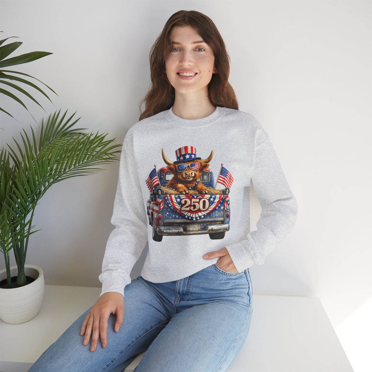Patriotic Highland, America's 250th Birthday – Gildan Heavy Blend | Trendy Women’s and Men's Soft Sweatshirt. Direct to Garment. Printed & Shipped in the USA. Unisex Sizes.