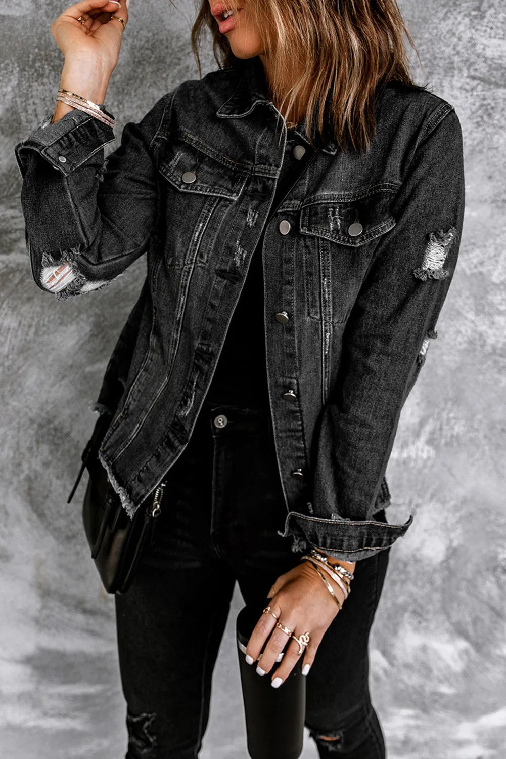 Ella Black Jean Jacket, Distressed w/Raw Hem